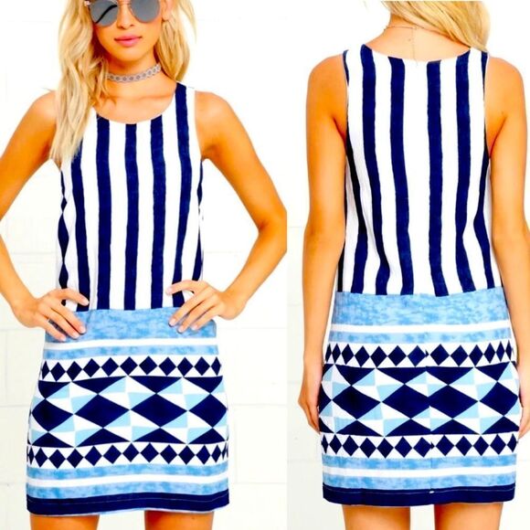 LuLu’s Multitask-Queen Ivory and Blue Print Shift Dress Size S - Picture 1 of 8